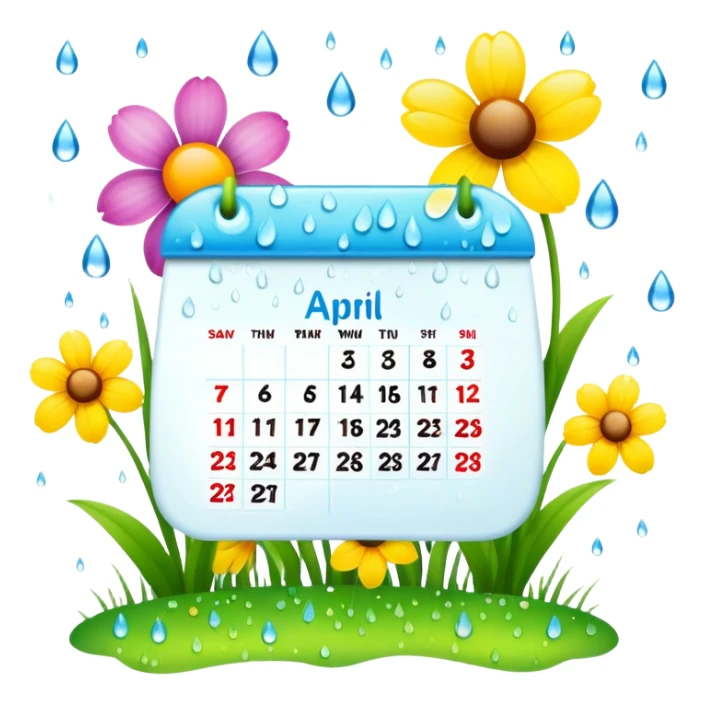 April 2024 calendar with spring flowers and raindrops sticker