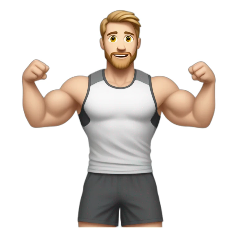 Close up Actively gesturing  with hands Pale skinned Fit Man With the biceps and brown hair in dark gray Sleeveless Mike, black oversize sports shorts, watch and white Sneakers sticker