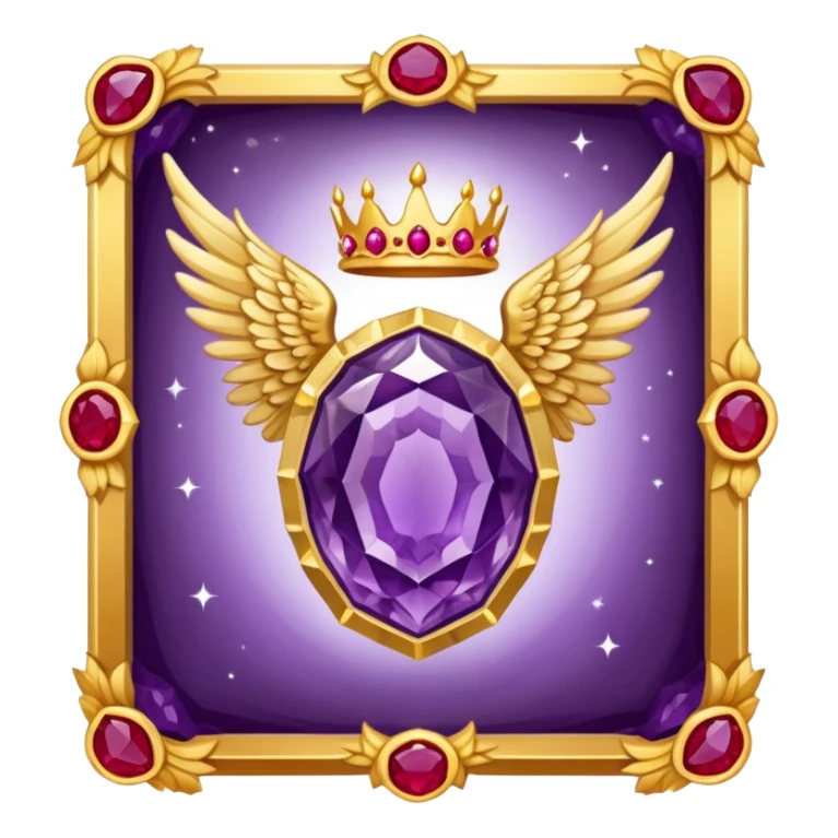 Big amethyst geode with red rubby dots inside award-in-frame-decorated-with-big-golden-angel--wings and crown sticker