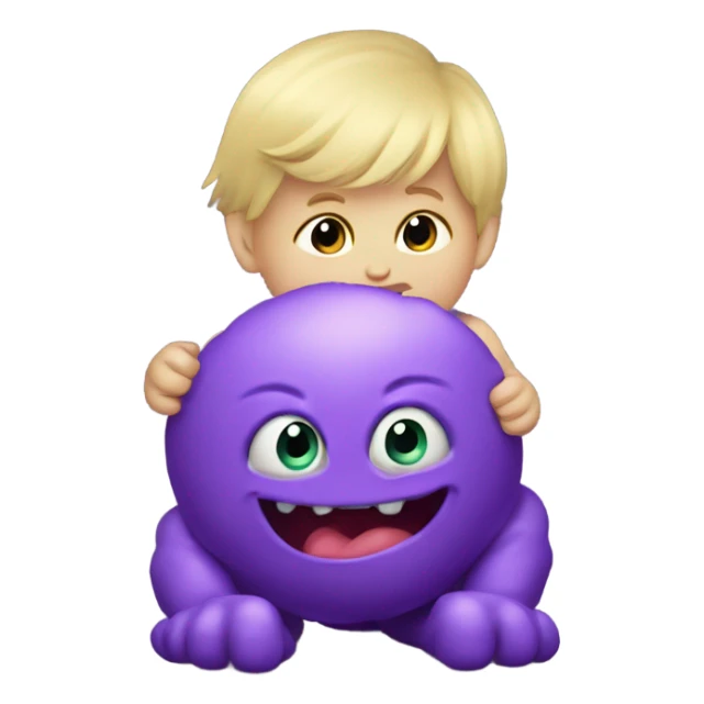 Little blonde baby boy playing with a purple giant monster sticker