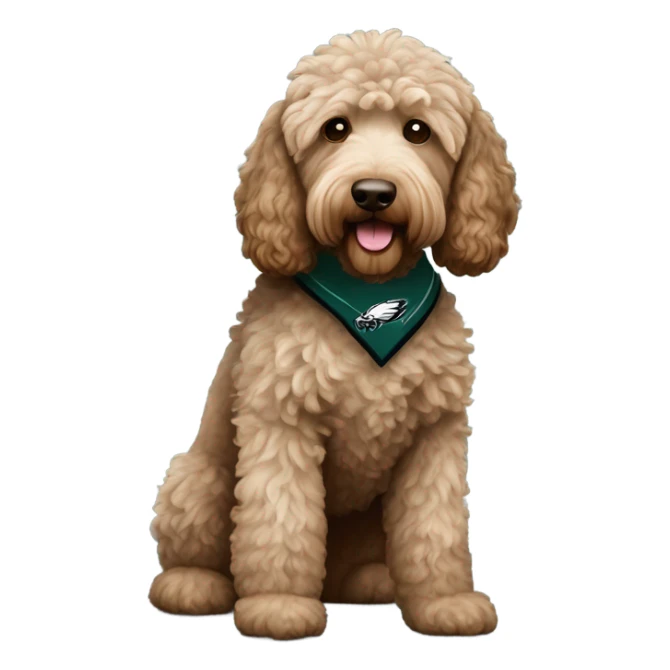 Light brown with little dark brown Labradoodle  wearing a Philadelphia Eagles shirt sticker