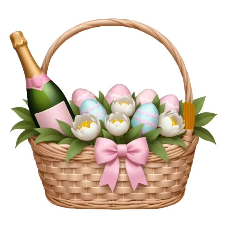 White Picnic basket with light pink bow, white peonies, pink easter eggs and one pink champage bottle inside sticker