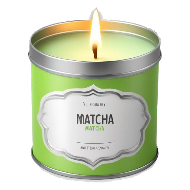 pretty matcha scented candle in silver tin with label realistic sticker
