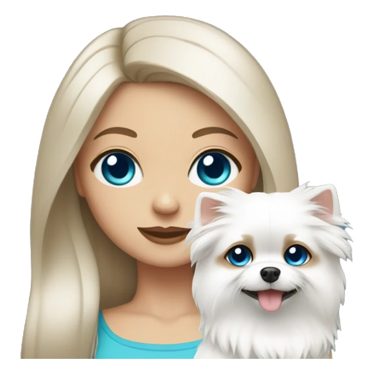 White Brunette girl with blue eyes holding a white pomeranian  sticker