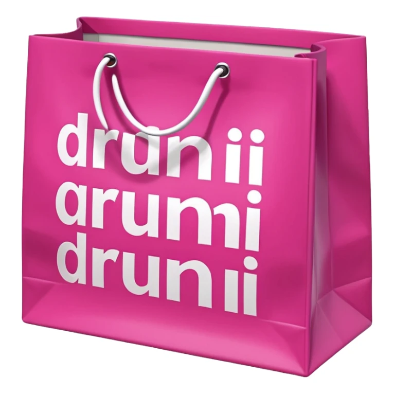 Fuchsia pink paper bag with white handles, repeating DRUNI pattern in light pink and a large vertical 'DRUNI' in bold white letters in the center, iOS emoji style, shiny and realistic. sticker