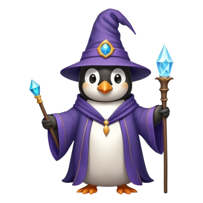 A penguin wearing a wizard hat and robe, holding a magic wand sticker