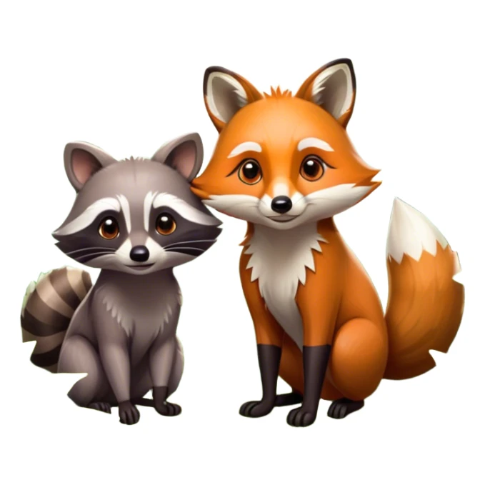 Collage of a raccoon and a fox, in close-up, set in a beautiful forest with tall trees, green bushes, and sunlight filtering through the leaves. Both animals look curious and playful. A vibrant, wild atmosphere with a transparent background. sticker