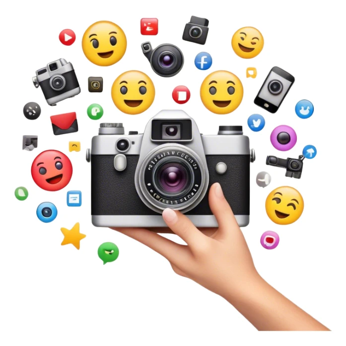 a composition of various media and technology-related emojis, arranged in a visually appealing way. At the center, there is a vintage-style camera emoji with a bright flash effect, symbolizing photography. A hand holding a smartphone emerges from behind the camera, representing digital and mobile content creation. Surrounding the central camera are a film camera, a laptop, and a smartphone with a colorful app grid, illustrating video production, digital work, and social media. The design is clean, modern, and conveys a theme of multimedia, content creation, and technology. sticker