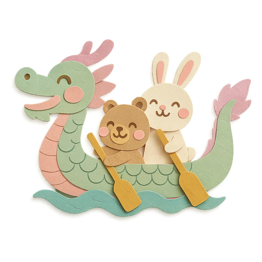 chubby dragon boat with cute animal rowers paddling joyfully, pastel tones, festive background, paper-craft style sticker