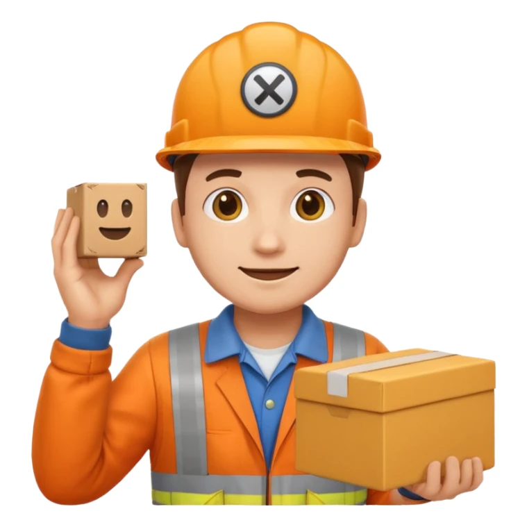 emoji style railway engineer full body in orange overalls, carrying a box with both hands sticker