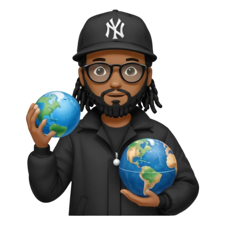African American man with shoulder length black dreadlocks with black beard wearing black sunglasses wearing a black New York Yankees logo baseball cap wearing a black bubble winter coat holding a Globe in his hands sticker