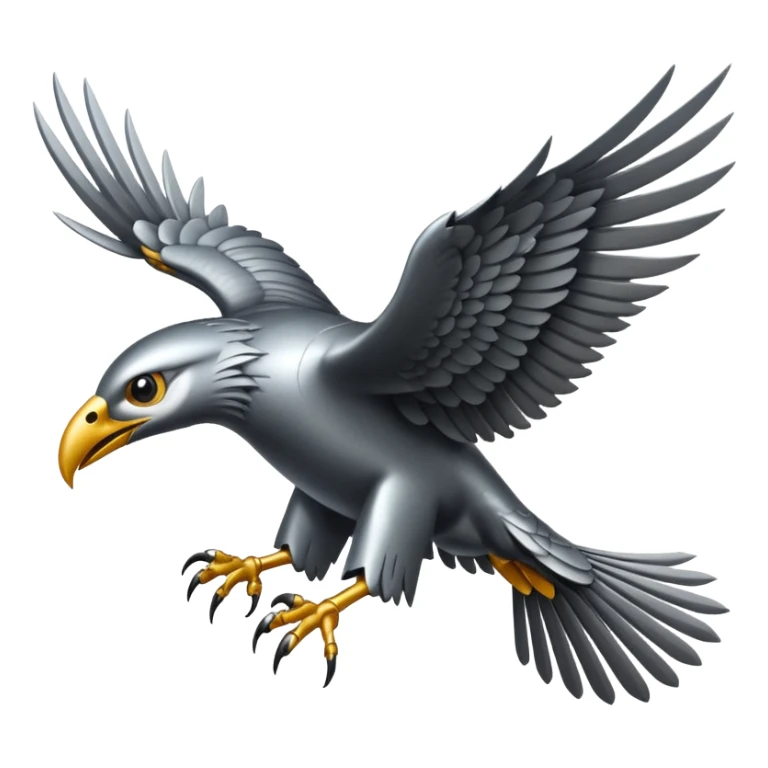 Emoji-style icon of a large metallic predatory bird flying, sharp wings, steel texture, dramatic pose, no gold sticker