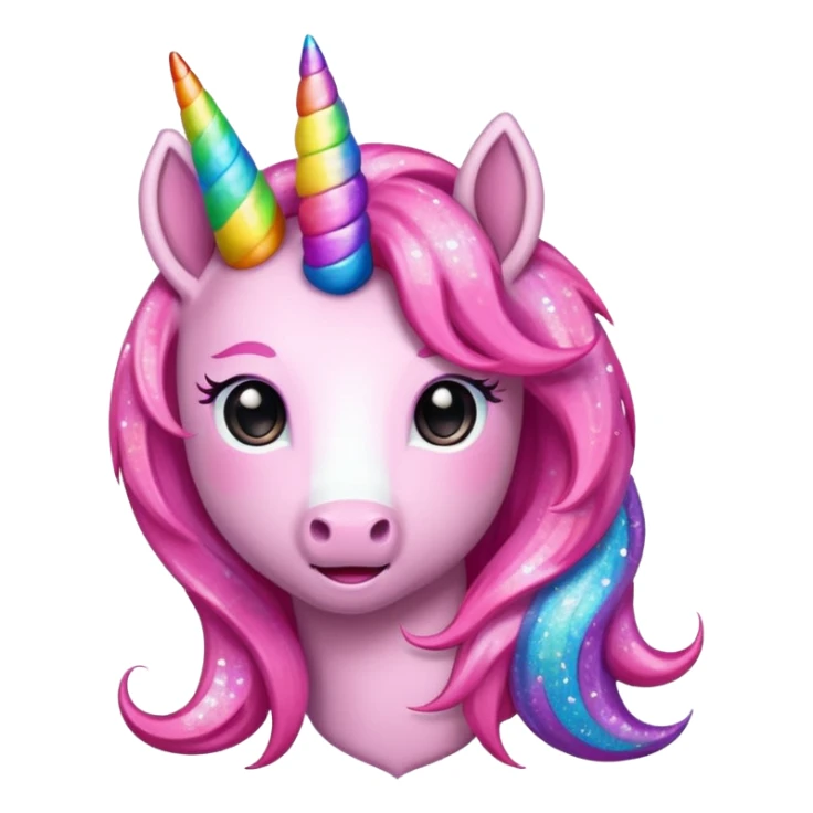 pink glitter unicorn emoji with rainbow mane and rainbow horn sticker
