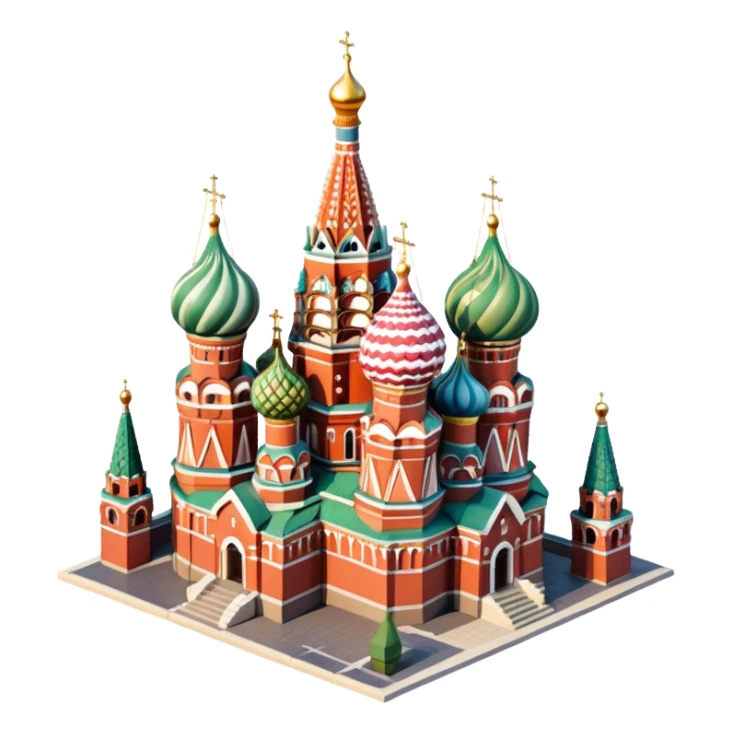 Isometric illustration of Moscow, featuring Saint Basil's Cathedral with colorful onion domes, hand-drawn painterly details, subtle texture on bricks and roofs, realistic shadows and soft lighting, muted yet vivid color palette, diorama miniature effect. sticker