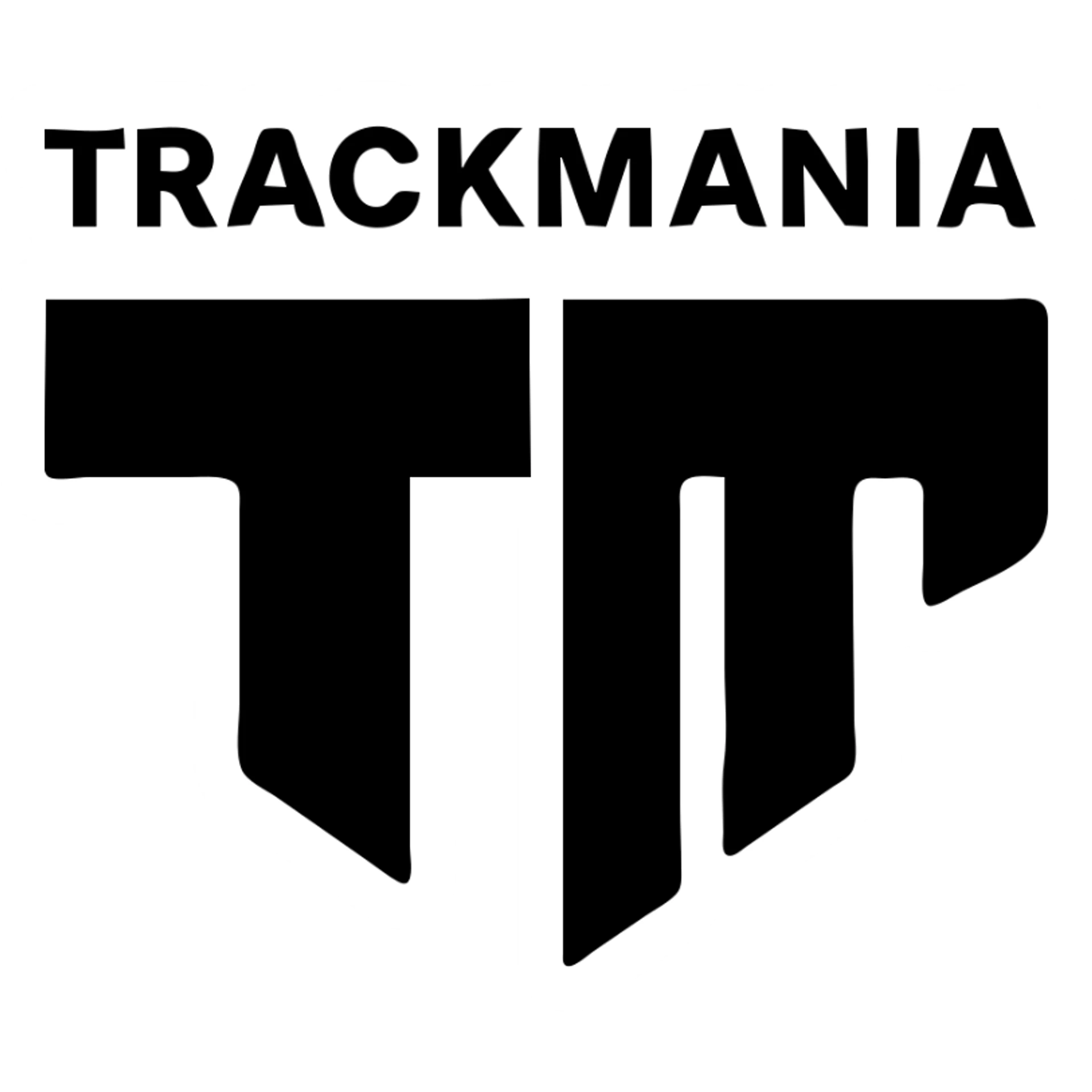 logo with the word 'Trackmania' above a split 'T' and 'M', both letters divided vertically, minimalist solid icon style sticker