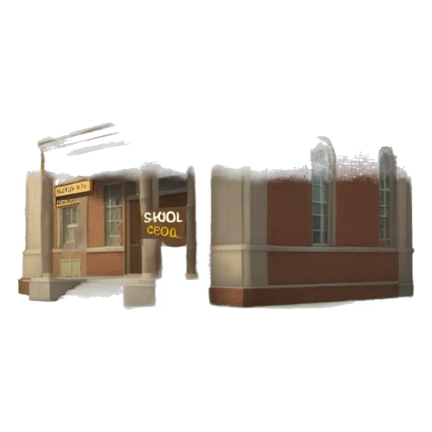 old timey school with sign that says "school" sticker