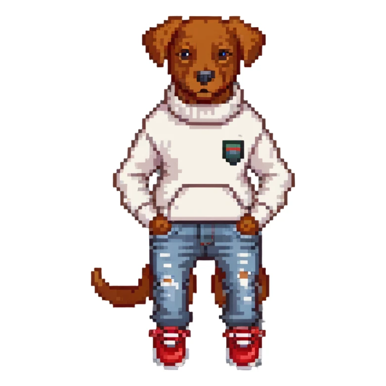 Brown dog standing upright with hands in jean pockets, wearing a white sweater and red shoes sticker