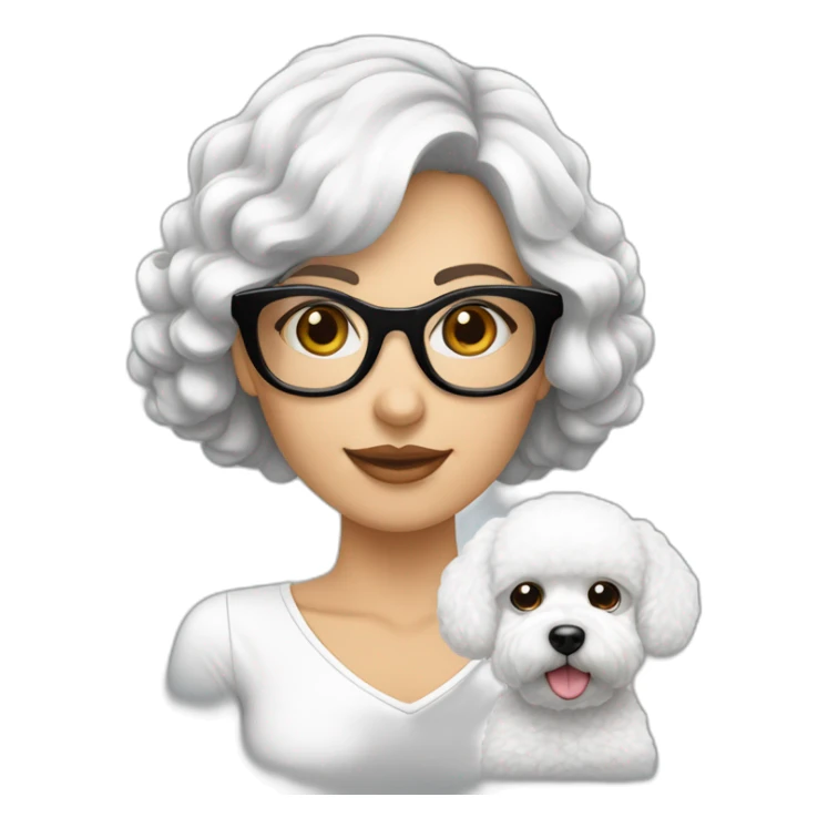 mujer gafas piel blanca cabello largo negro y perro bichon blanco sticker