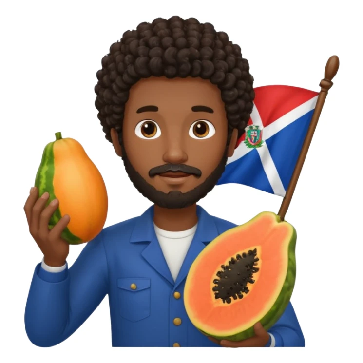 a medium dark skinned man with dark curly hair and a beard holding a papaya and Dominican flag behind them sticker