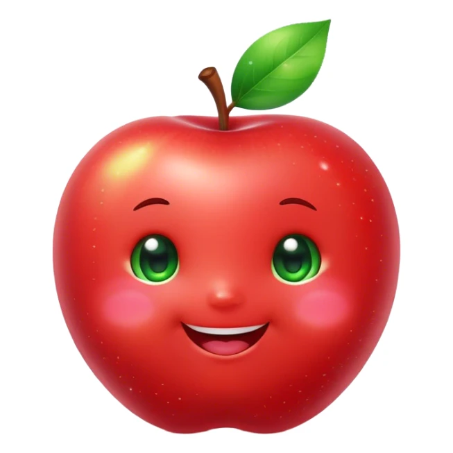 Cute Kawaii Apple, round and plump, bright shiny red with a tiny green leaf, chubby cheeks, sparkling eyes, a happy smile, soft glowing highlights, radiating fresh sweetness! sticker