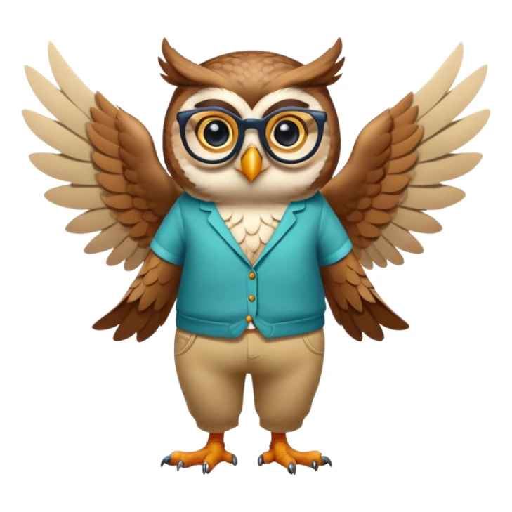 friendly anthropomorphised owl with wings instead of arms, colourful pants and shirt, wearing glasses, walking upright, unique pose 1 sticker
