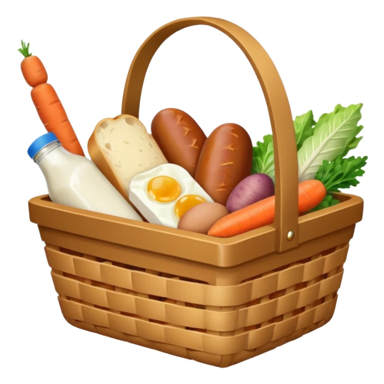 basket with groceries: milk, bread, sausage, eggs, potatoes, carrots, onions, cabbage sticker