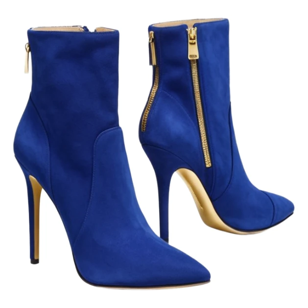 Hyper Realistic, Michael Kors royal blue suede, both pairs of stiletto ankle bootie boots, detailed gold zipper sticker
