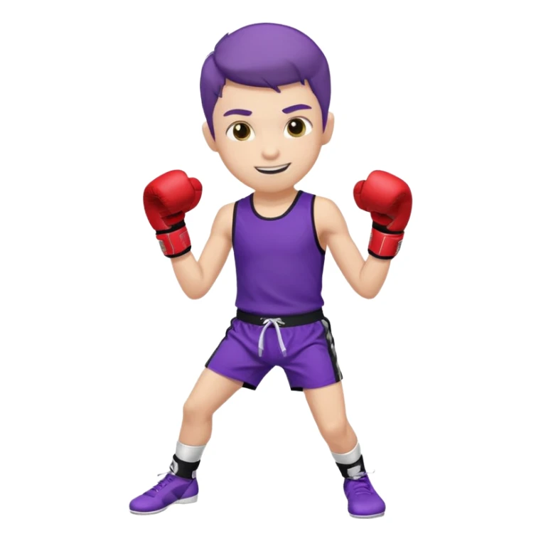 now make a boy whose white smiling in purple kickboxing full shirt with Fighting HARD on the shirt sticker