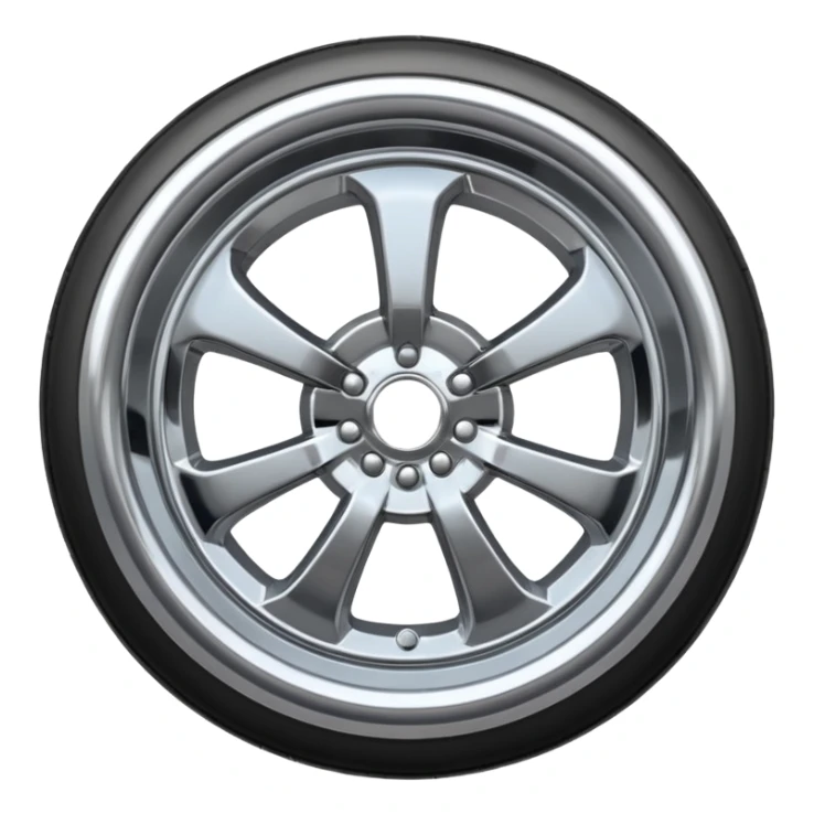 A chrome car wheel emoji, polished silver metal rim, smooth circular shape, minimal futuristic design, soft reflections, iOS emoji style, centered on white background, ultra clean look sticker