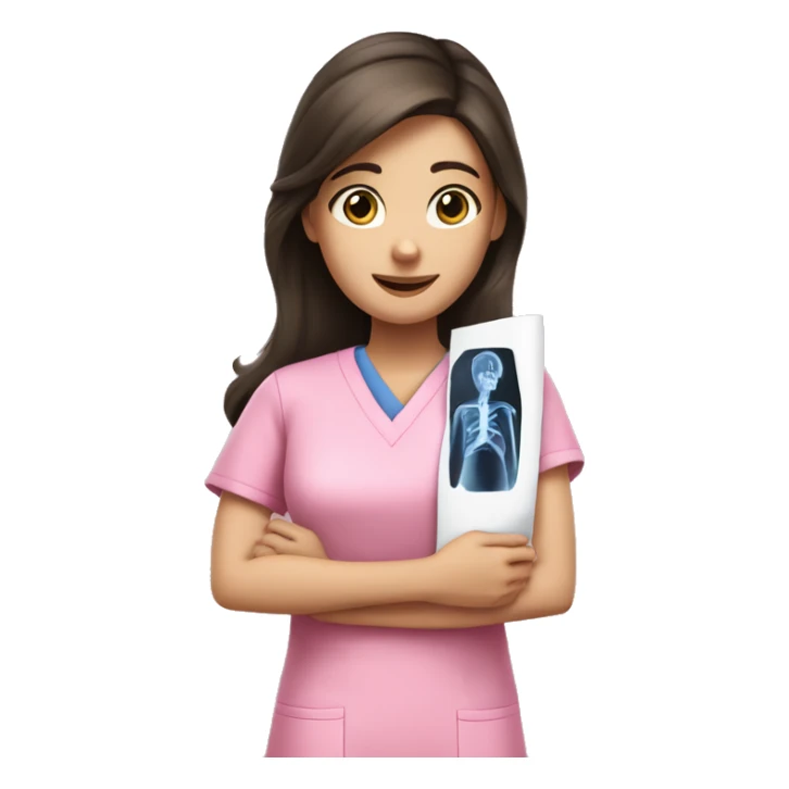 Brunette girl in pink scrubs looking at an arm X-ray  sticker