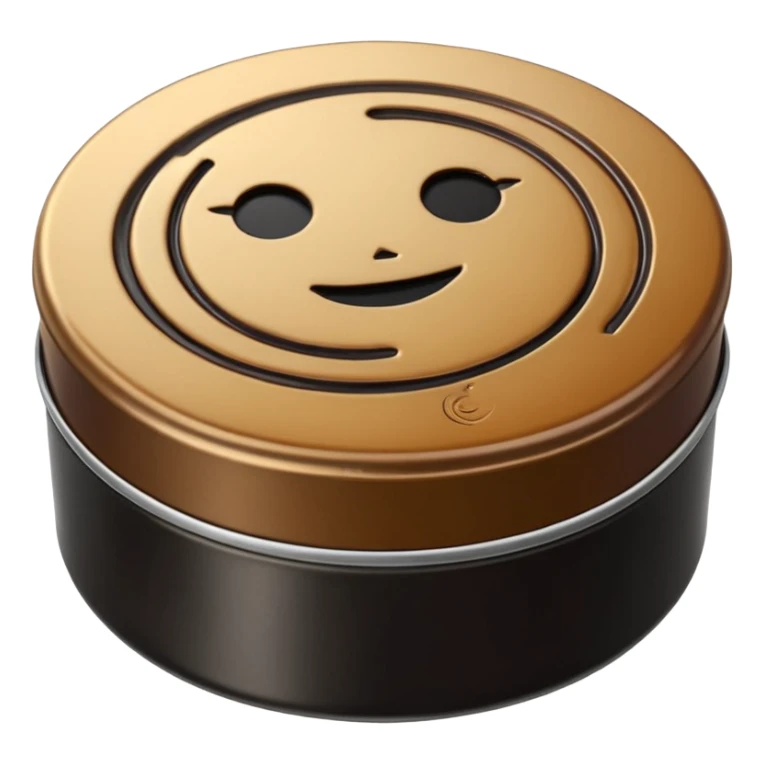 small round metal tin, slightly opened to reveal glossy dark wax inside black or brown, smooth reflective surface with soft circular swirls, low profile tin with subtle metallic sheen, no brush cloth or shoes, apple emoji style, soft lighting, subtle shadows, transparent background, emoji scale sticker