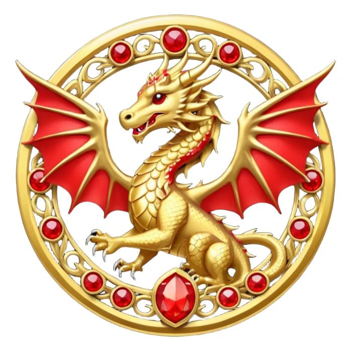 Golden dragon with wings crest / brosch in a circle with red gems and no background sticker