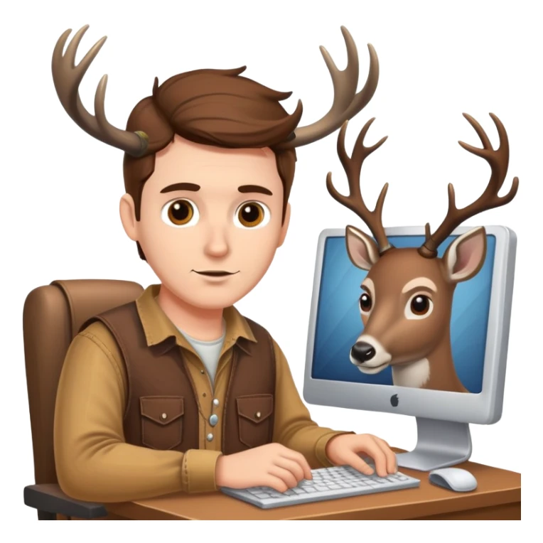 White Guy works at computer with deers antlers, redneck clothes, brown eyes  sticker