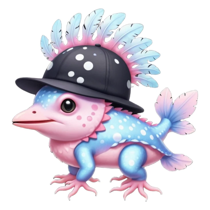 black bird with white spots on its body wearing an axolotl hat sticker