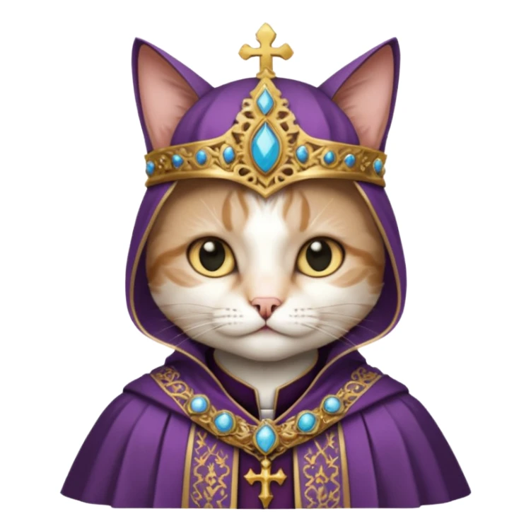 “Half-body humanoid figure with a realistic cat face, wearing ornate bishop robes and a mitre, dark gothic background, dramatic lighting, highly detailed.” sticker