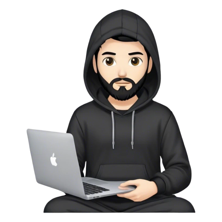 hackeur blanc cheveux noir barbe et capuche noir avec un macbook sticker
