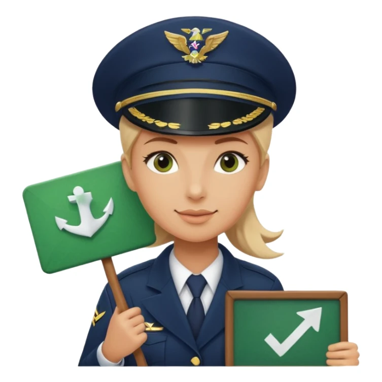 Slack-style emoji of a pilot wearing a slightly tilted navy captain hat holding a green board with a white check mark sticker