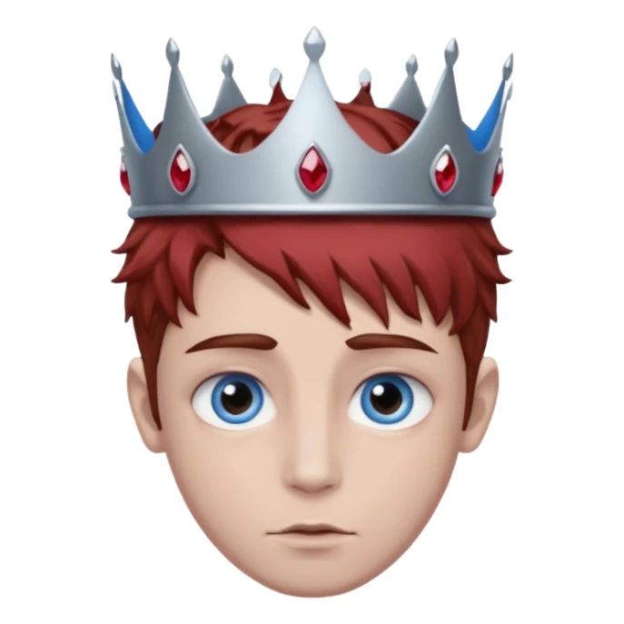 grey boy head with right eye blue and left eye red. he has messy brown hair and a silver crown with rubies on it sticker
