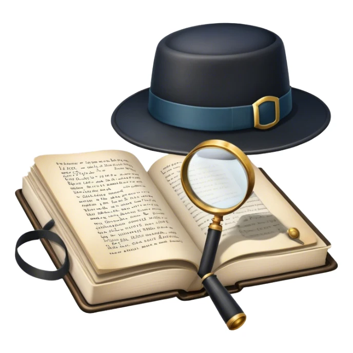 Icon for Detective Reading: an open book with text and a magnifying glass, a detective’s hat and a notebook with clues, surrounded by dark shadows and mysterious elements like footprints. Transparent background. sticker