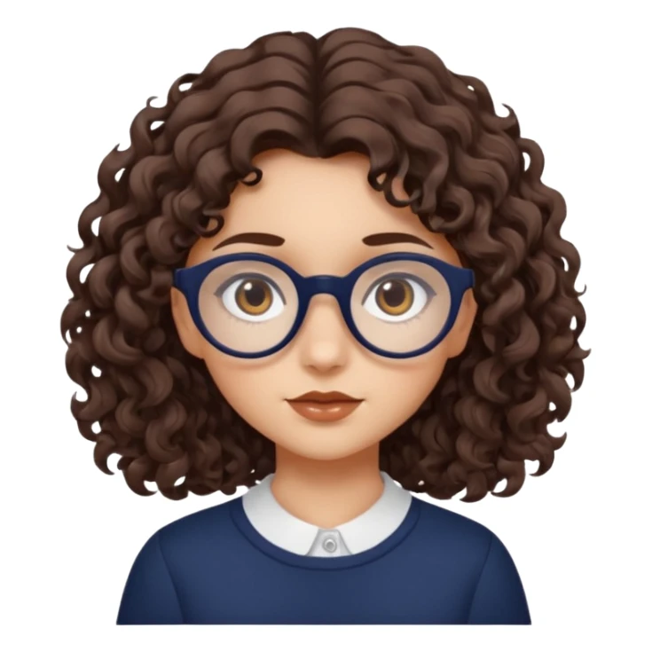 medium fair-skinned girl with brownish hazel eyes, roundish ovalish dark navy glasses, wavy curly choco brown hair, neutral expression sticker