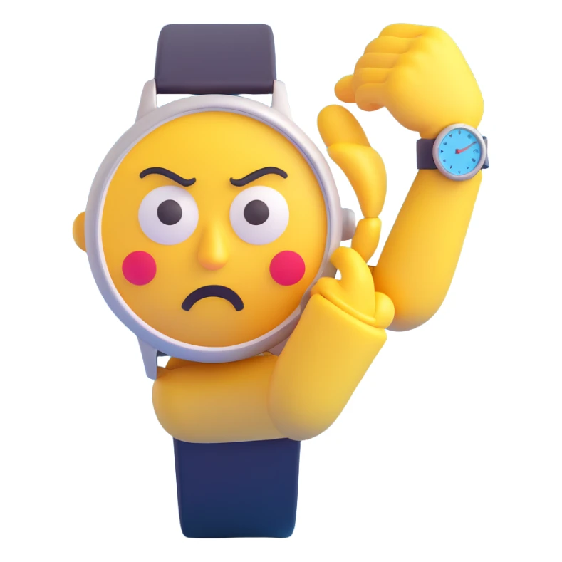 A yellow emoji face with a worried expression, looking at a wristwatch with raised eyebrows, showing urgency and stress sticker