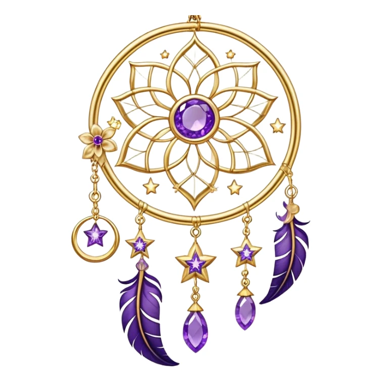 Epic beautiful gorgeous cute gold suncatcher, threads with shiny sparkly amethyst gemstones, flowers, crescents-moons, stars, violet Feather sticker