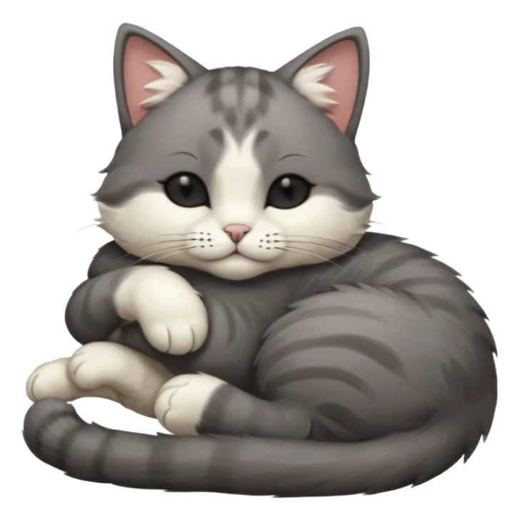 dark grey and white small cat with his eyes closed, leaning his head on his paw while leaning on his elbow lying down sticker