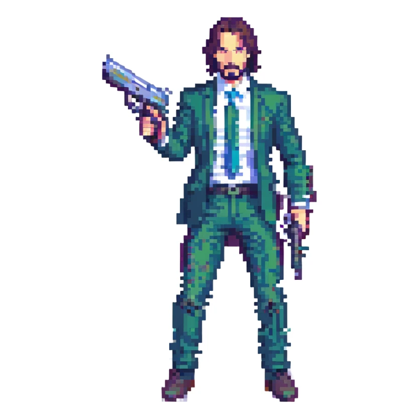 John Wick in pixel art style, with pistols, dynamic stance, pixelated, minimal background sticker