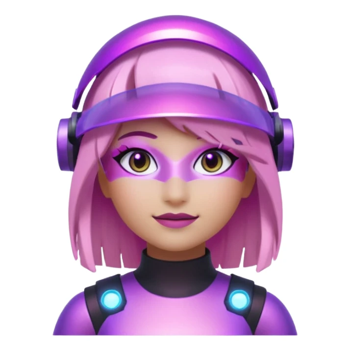 “Futuristic Roblox girl emoji, 2050 style. Pink-purple holo visor, light-strand hair, digital eyes sparkle, metallic pastel glow, neon aura background.” sticker