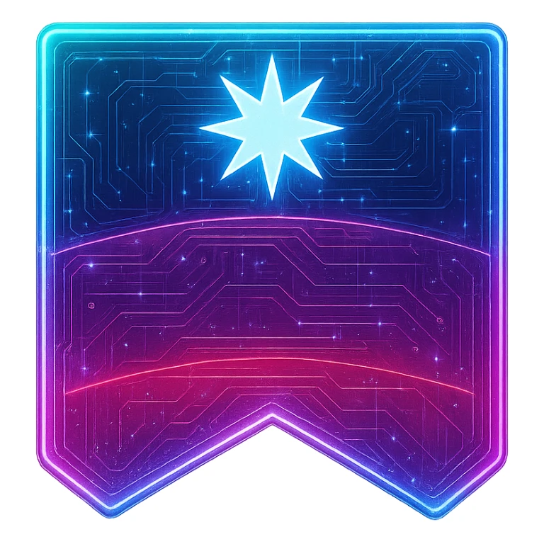 Transform the banner into a cyberpunk, holographic style with glowing neon blue and pink edges. Add intricate circuit patterns throughout the banner with a transparent background. Maintain the recognizable shape, color bands, and star, overlaying neon and circuit effects in a futuristic, clean style consistent with cyberpunk glow and intricate circuit details. sticker