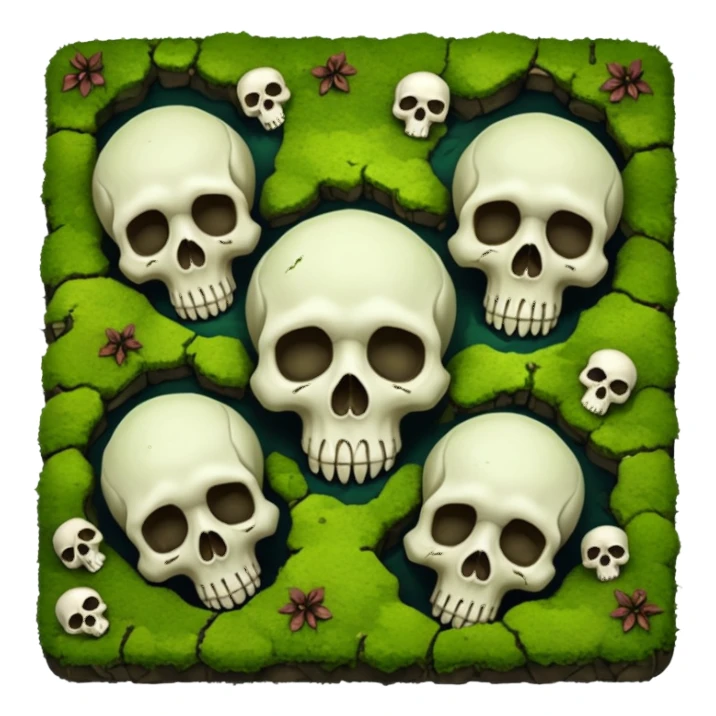 A creepy moss covered ground with skulls from a top down perspective. In the style of your bleeding skull art. sticker