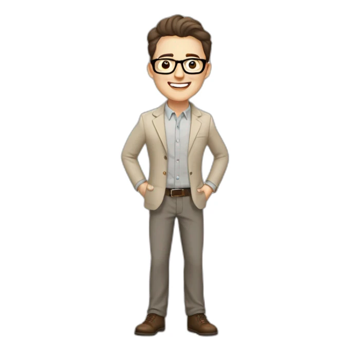 Joyful Pale skinned Fit Man With dark brown hair in gray jacket, beige office shirt, Brown pants and vintage glasses. His thrumbs up sticker