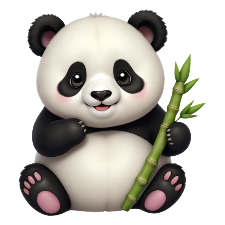 Cinematic smiling chubby panda, fluffy black and white fur, round rosy cheeks, tiny paws holding a bamboo shoot, sparkling eyes full of joy, soft glowing background, irresistibly huggable. sticker