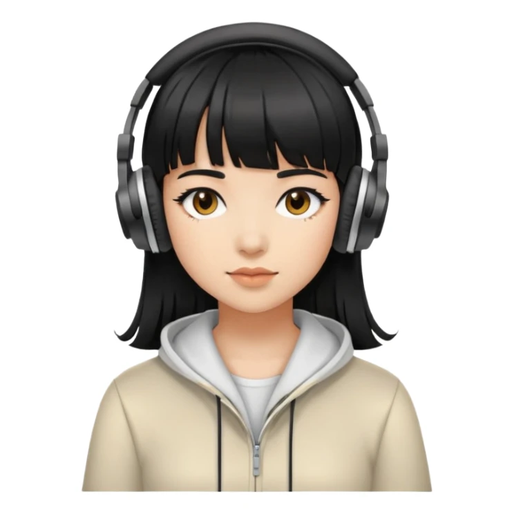 Con gái, đeo tai nghe, tóc đen, để mái sticker